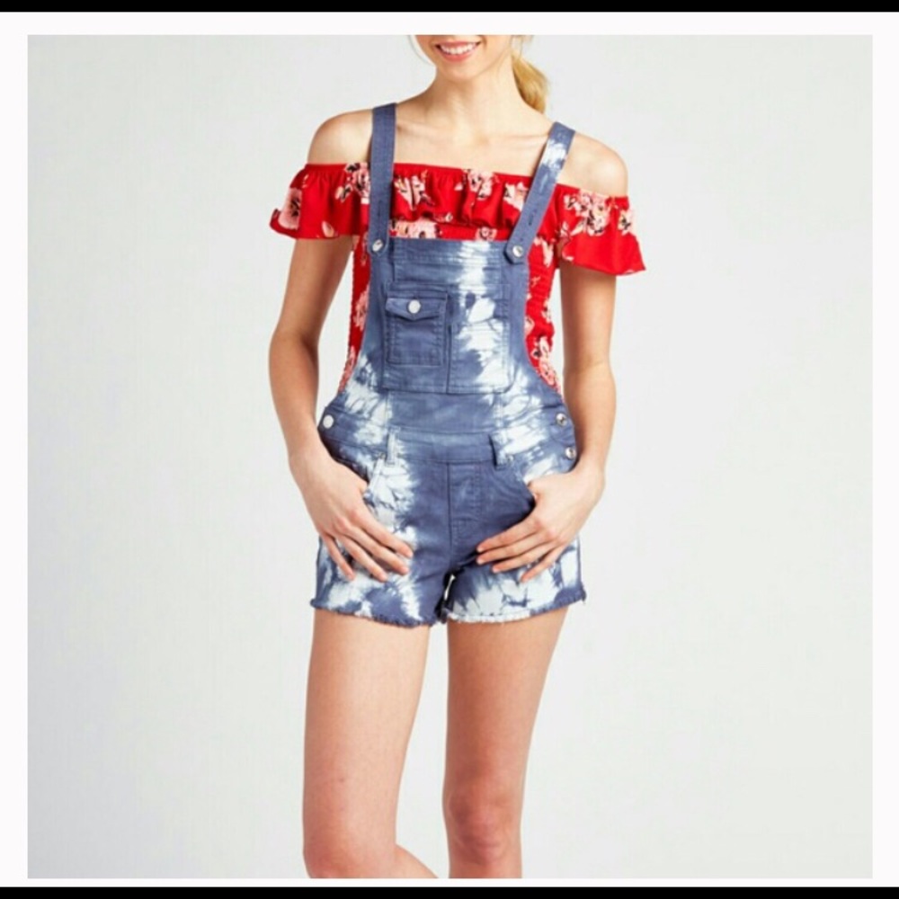 Dark blue and white tie dye overalls